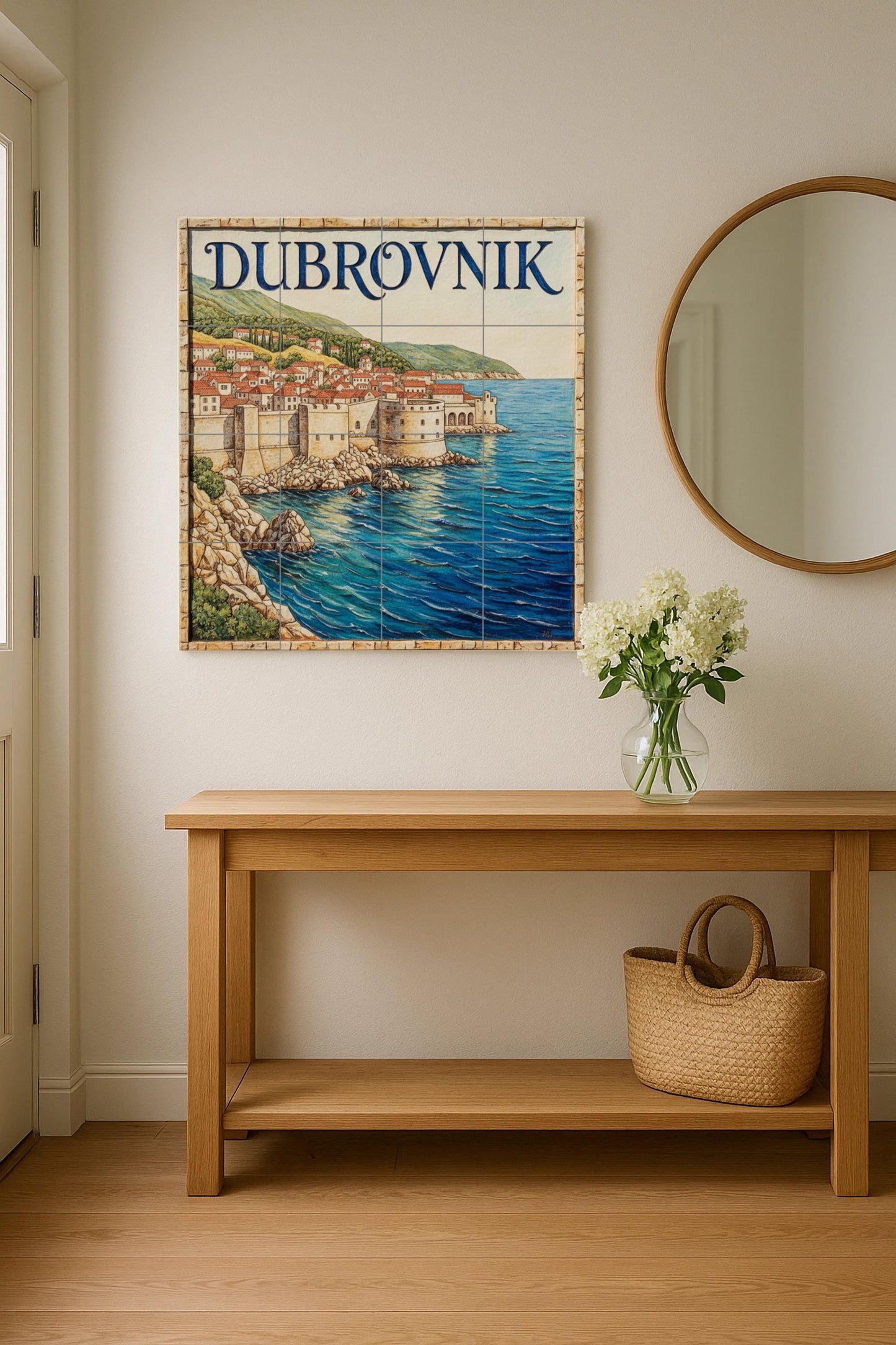 Dubrovnik Picture – Cityscape print of the Adriatic coast with old town walls and red rooftops, Croatia travel decoration