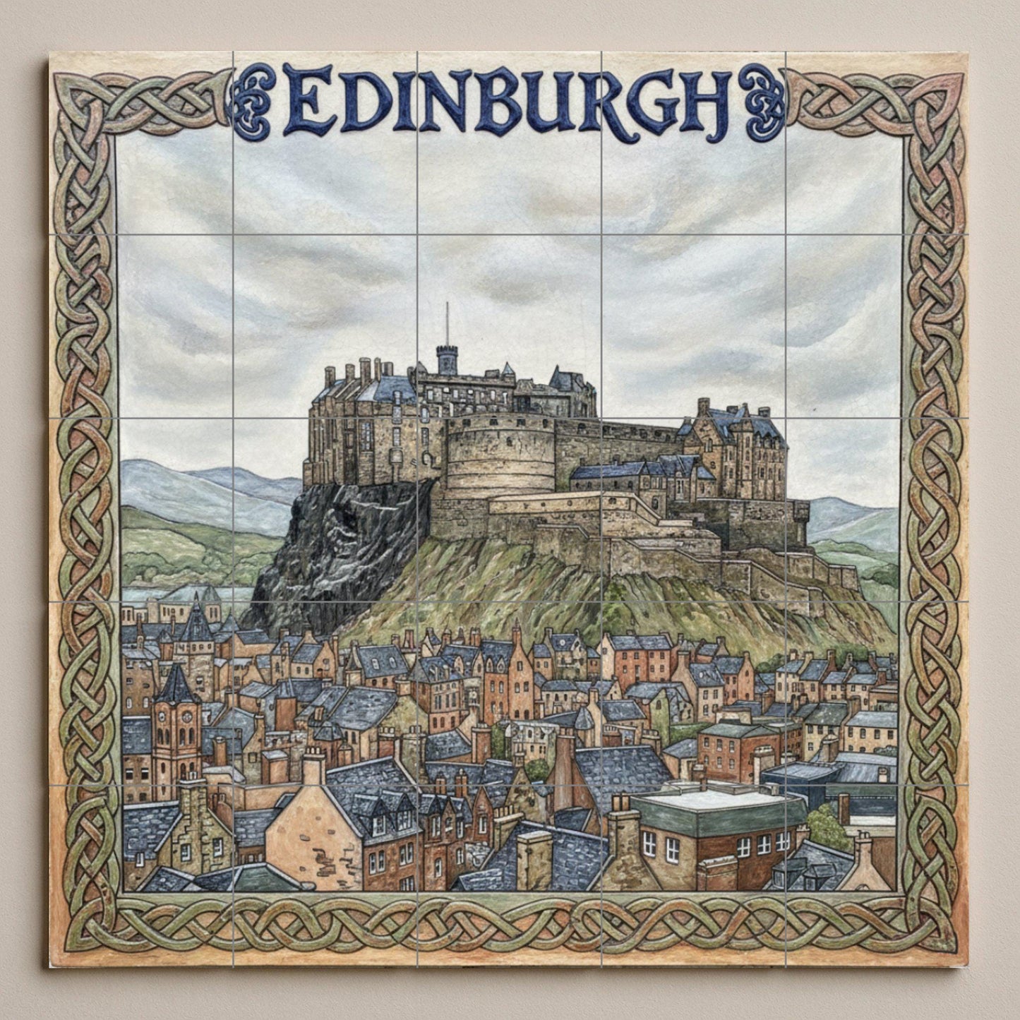Edinburgh Castle Picture – Framed print with Celtic knot of the Old Town, Scotland travel decoration