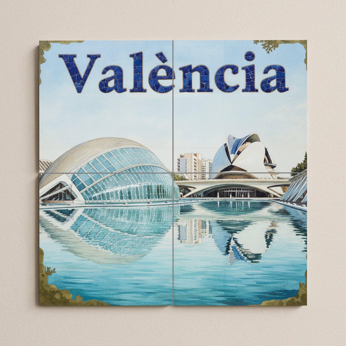 Mural art of the City of Arts and Sciences in Valencia – Impression of modern futuristic architecture with water reflections