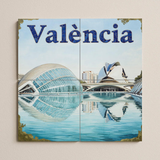 Mural art of the City of Arts and Sciences in Valencia – Impression of modern futuristic architecture with water reflections