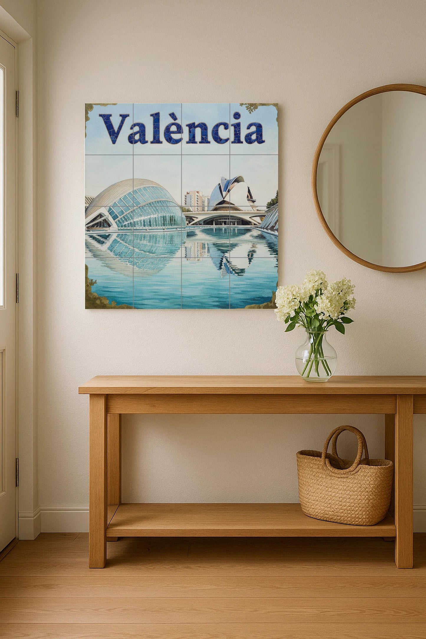 Mural art of the City of Arts and Sciences in Valencia – Impression of modern futuristic architecture with water reflections