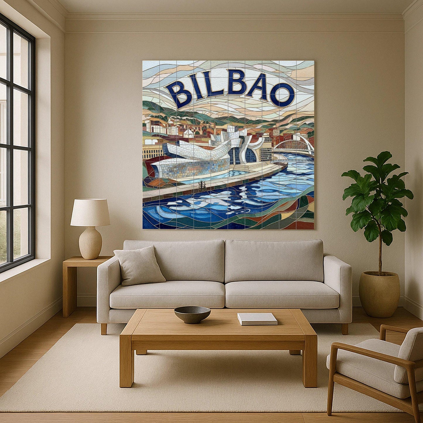 Ceramic mosaic-style mural art at the Guggenheim Bilbao: Impression of a modern Basque cityscape by the Nervión River