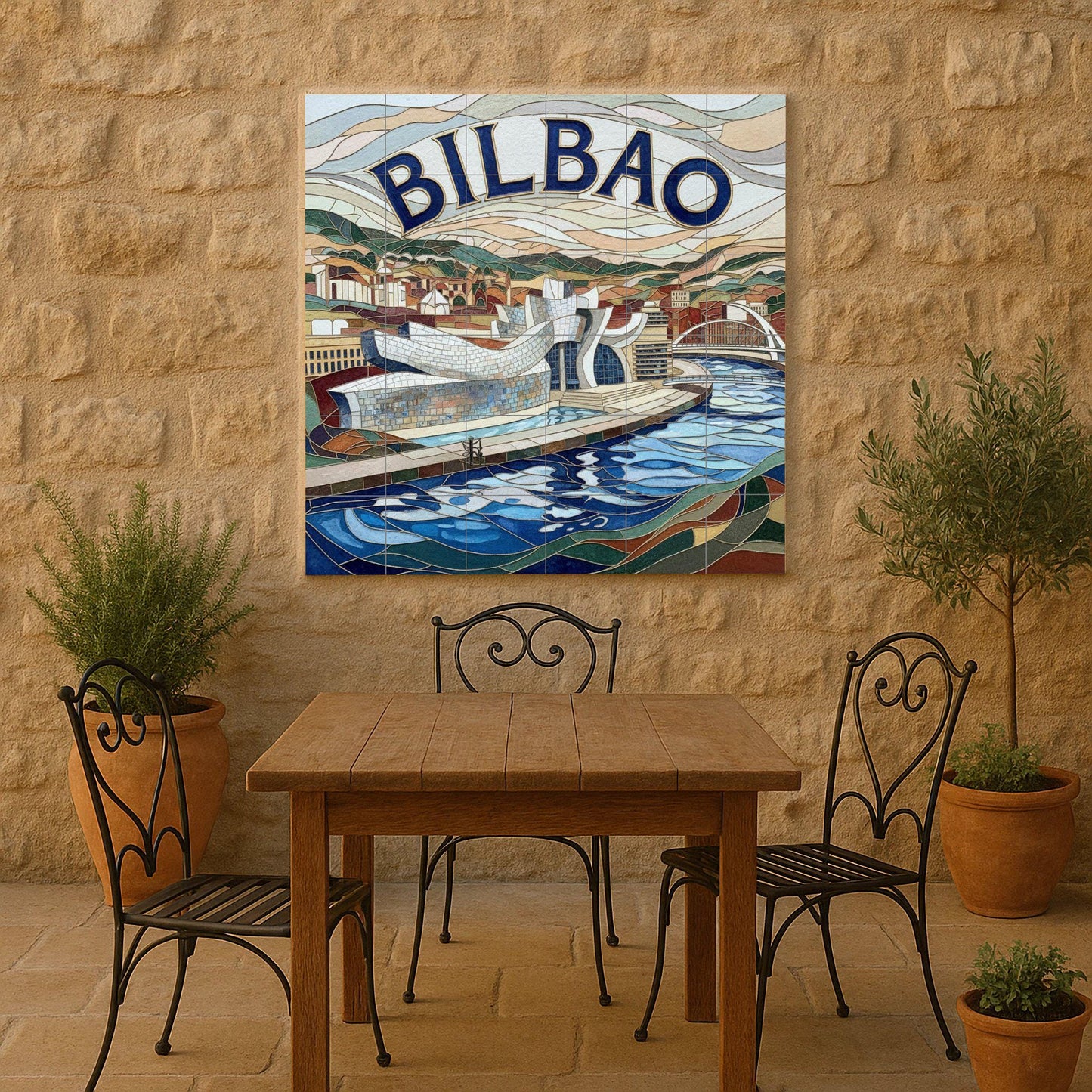 Ceramic mosaic-style mural art at the Guggenheim Bilbao: Impression of a modern Basque cityscape by the Nervión River