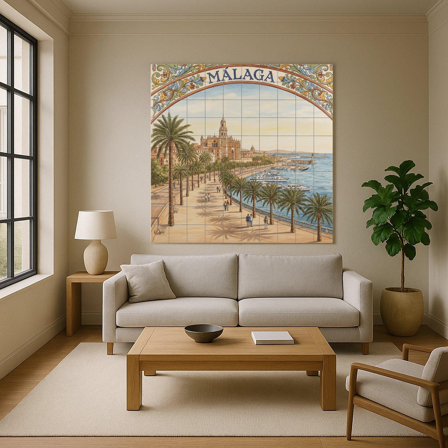 Urban landscape of Malaga in ceramics: Cathedral, Paseo de las Palmeras and Port / Mural art of the Costa del Sol