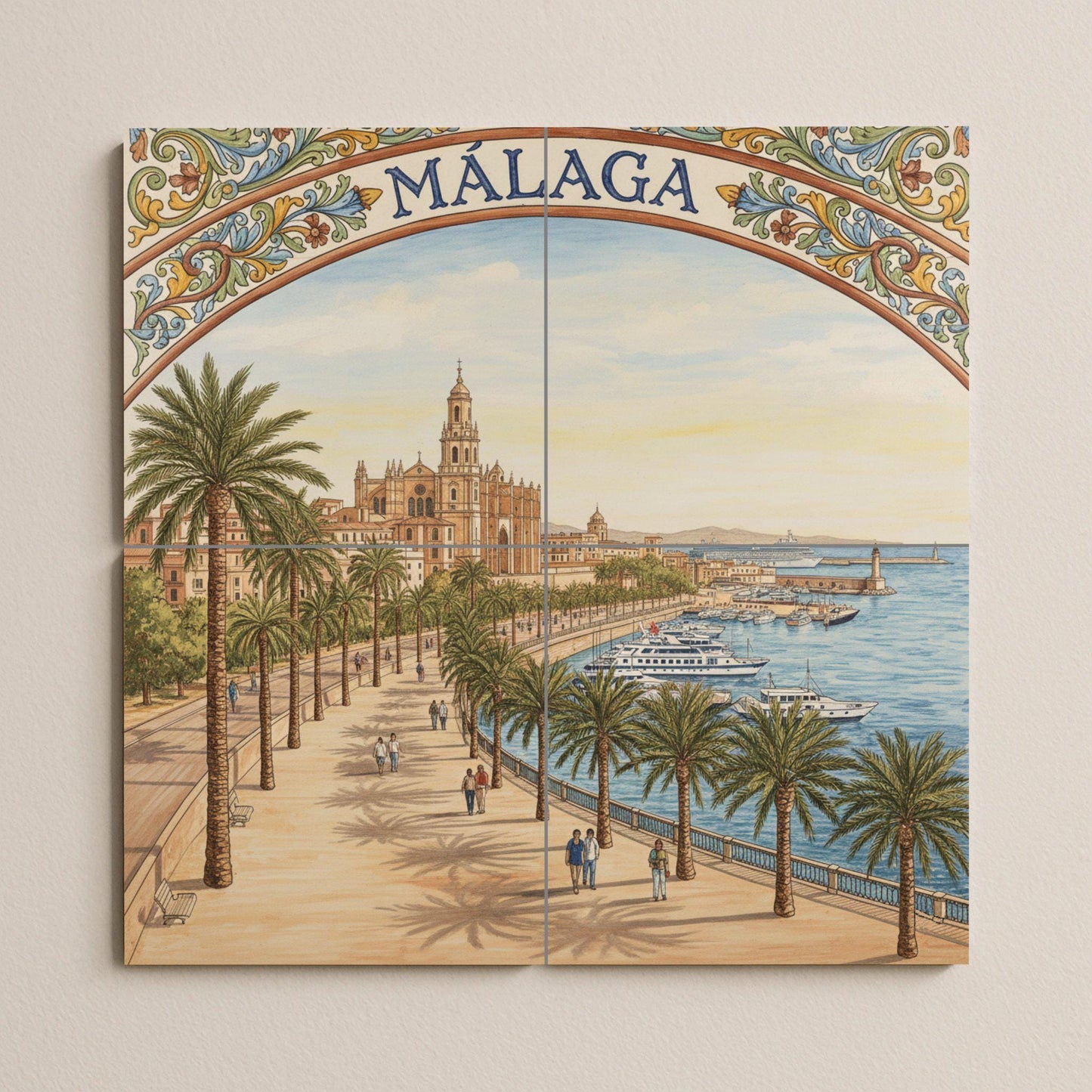 Urban landscape of Malaga in ceramics: Cathedral, Paseo de las Palmeras and Port / Mural art of the Costa del Sol