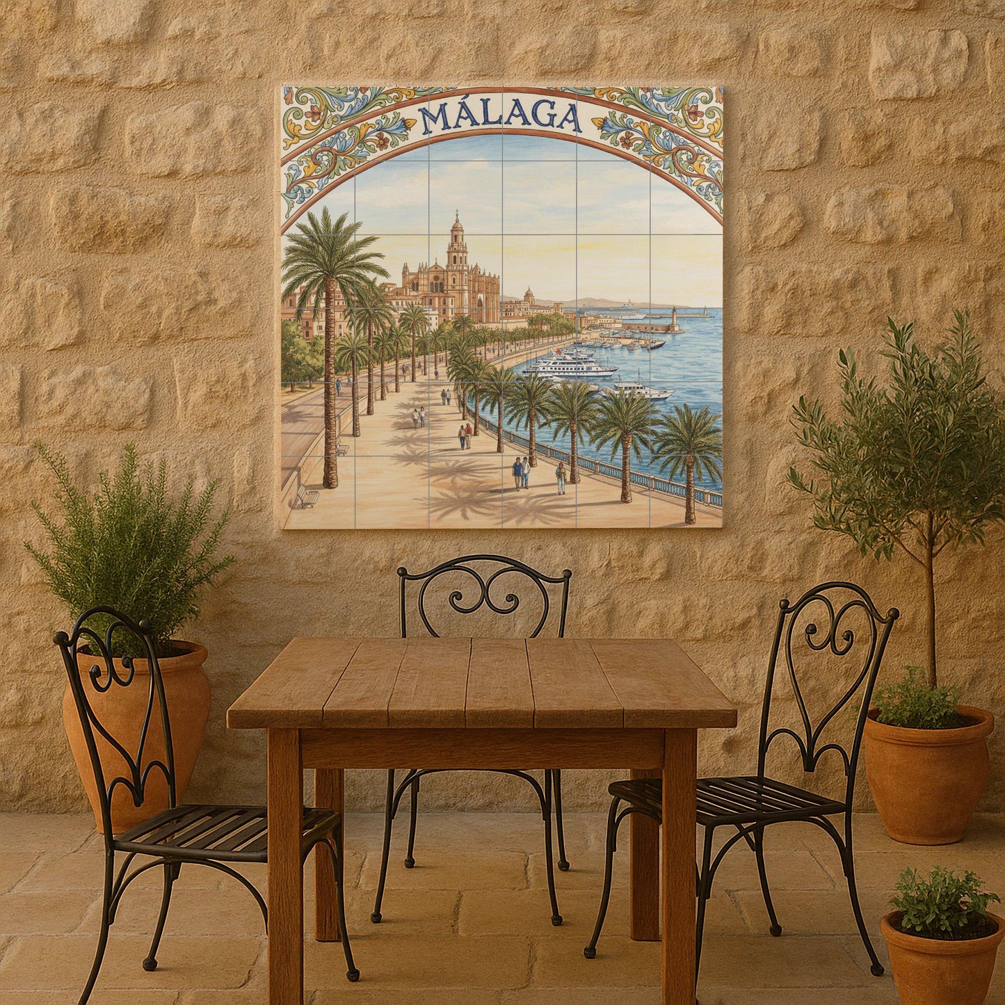 Urban landscape of Malaga in ceramics: Cathedral, Paseo de las Palmeras and Port / Mural art of the Costa del Sol