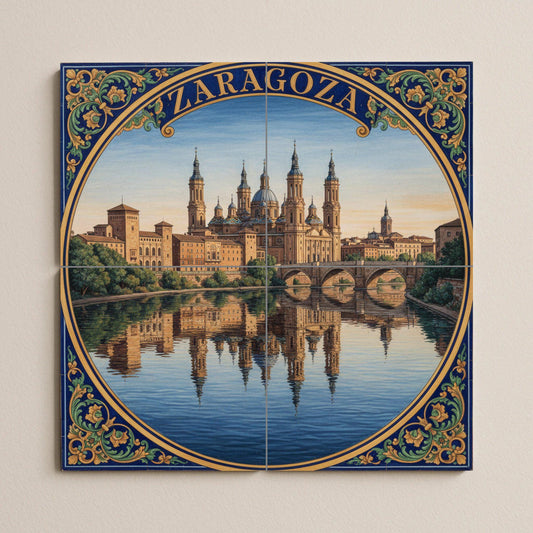 Ceramic Mural of Zaragoza – Basilica of Our Lady of the Pillar and Ebro River / Mural art of the Spanish urban landscape
