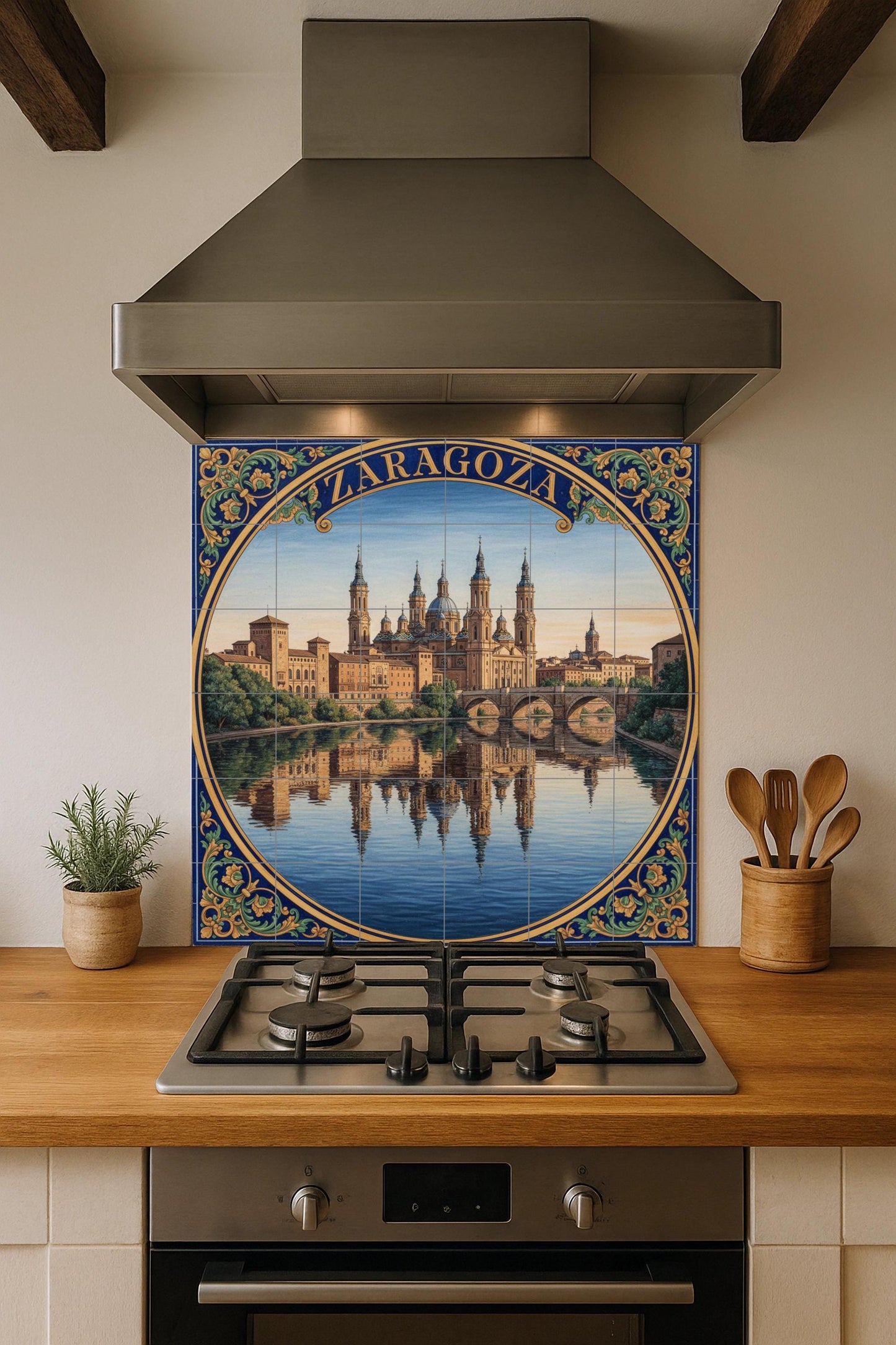 Ceramic Mural of Zaragoza – Basilica of Our Lady of the Pillar and Ebro River / Mural art of the Spanish urban landscape