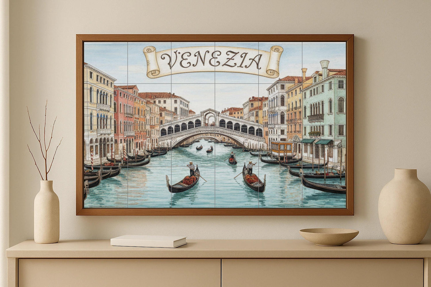 Venice – Ceramic mural of the Rialto Bridge / Mural art of the Grand Canal of Venice with gondolas and Italian palaces