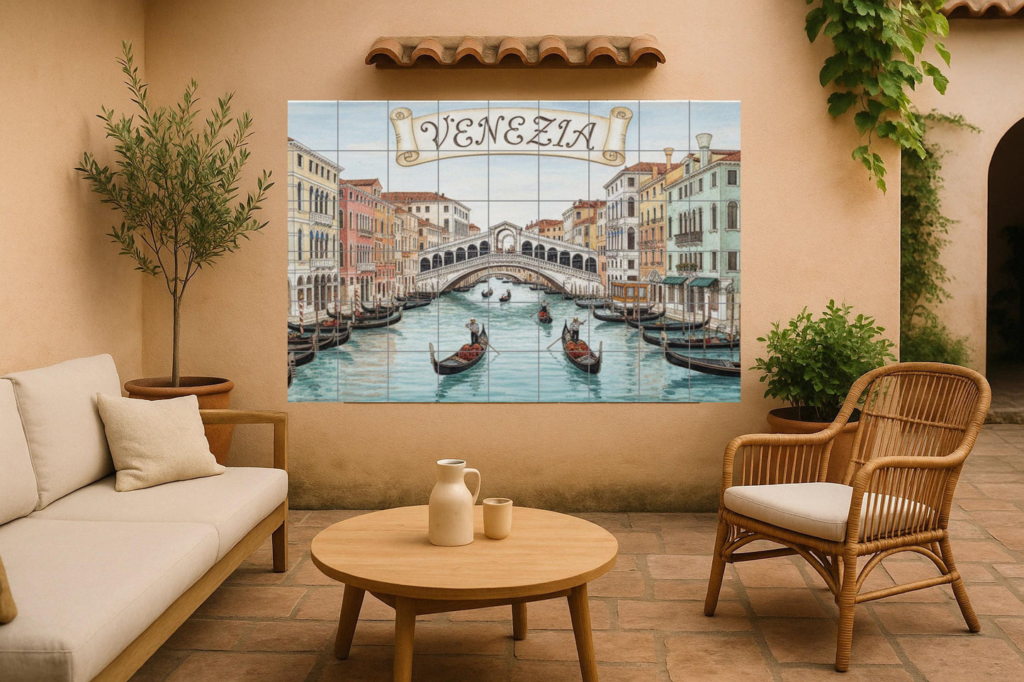 Venice – Ceramic mural of the Rialto Bridge / Mural art of the Grand Canal of Venice with gondolas and Italian palaces