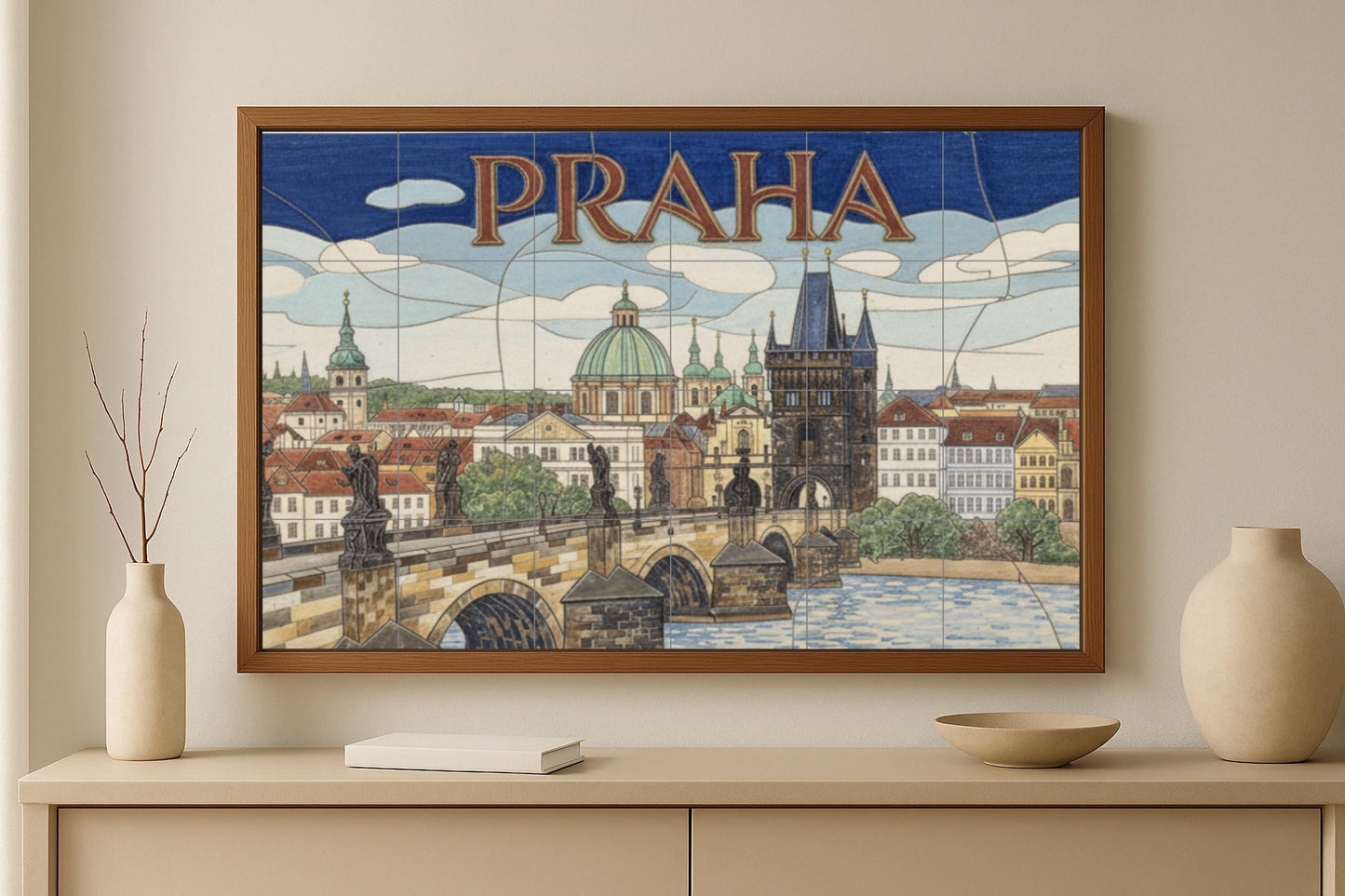 Prague – Ceramic mural of the Charles Bridge / Mural art of the city of Prague featuring the towers of the Old Town and the Vltava River