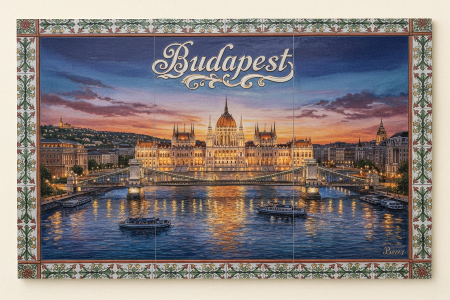 Budapest – Ceramic mural of the Hungarian Parliament / Cityscape mural art featuring the Danube River and the Chain Bridge at sunset