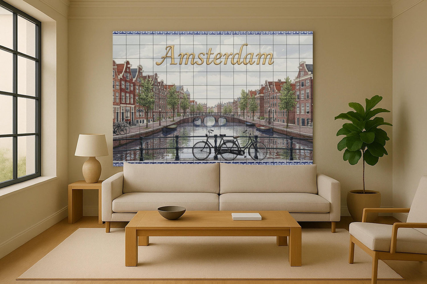 Amsterdam – Dutch ceramic mural with canal and bicycle / Handmade mural art featuring a cityscape of the Netherlands inspired by the Delft tradition