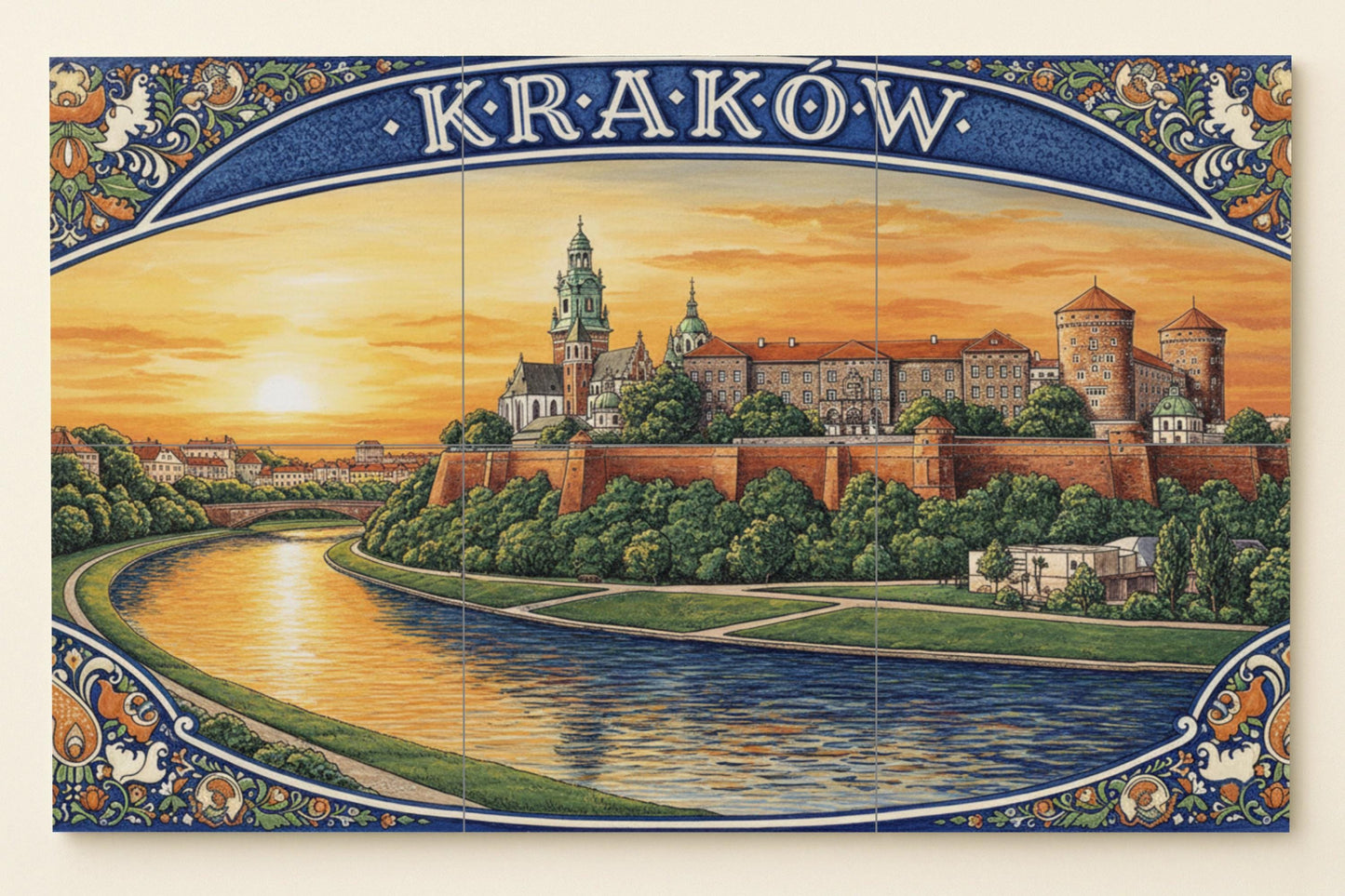 Krakow – Polish ceramic mural of Wawel Castle and the Vistula River / Handcrafted mural art of European cityscapes from ancient Poland