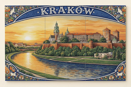 Krakow – Polish ceramic mural of Wawel Castle and the Vistula River / Handcrafted mural art of European cityscapes from ancient Poland