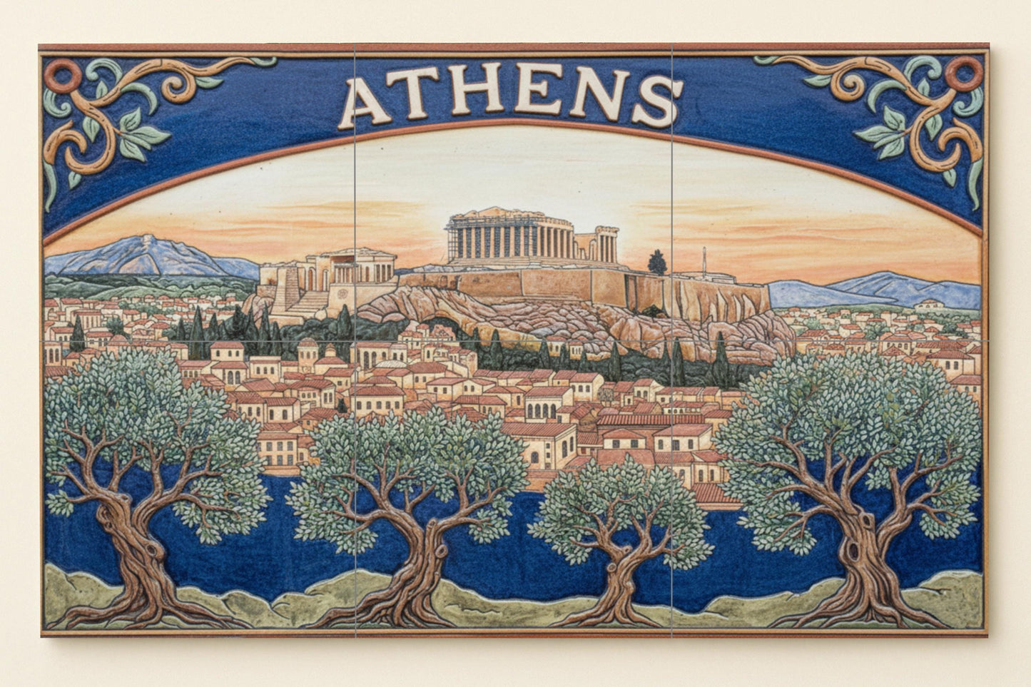 Athens – Greek ceramic mural of the Parthenon and olive trees / Handmade Mediterranean mural art celebrating ancient Greece