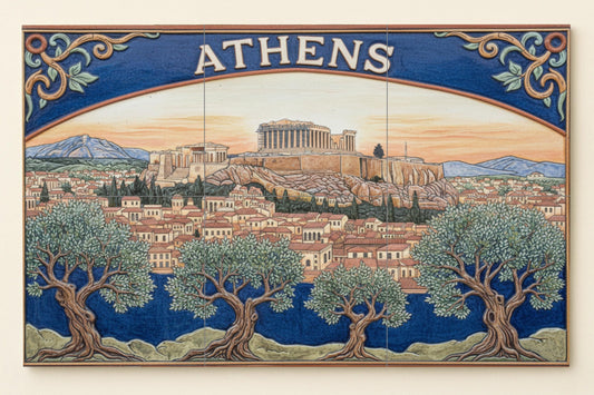 Athens – Greek ceramic mural of the Parthenon and olive trees / Handmade Mediterranean mural art celebrating ancient Greece