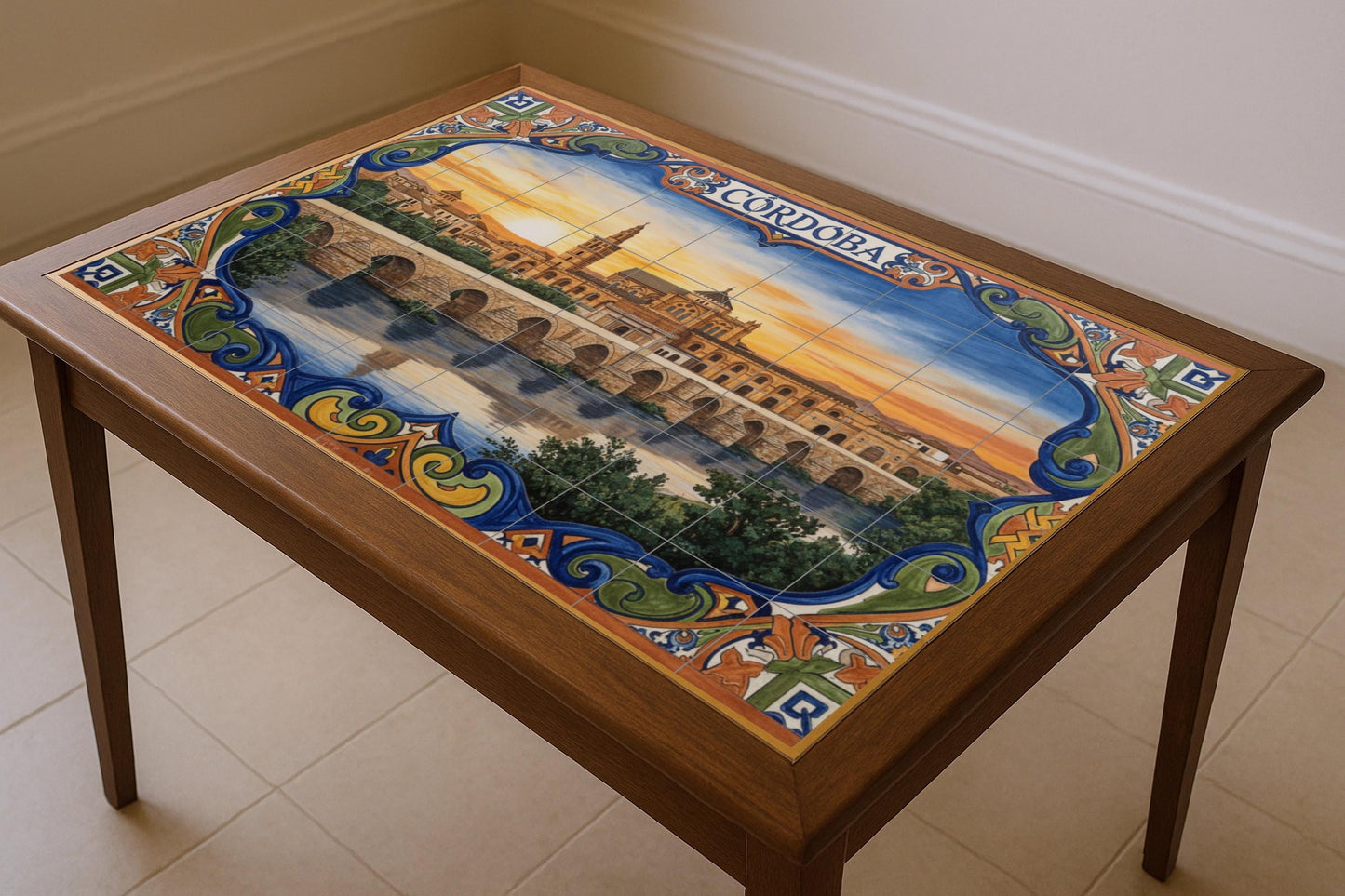 Cordoba – Spanish ceramic mural of the Mosque and the Roman Bridge / Tile art with Andalusian cityscape for rustic and Mediterranean interiors