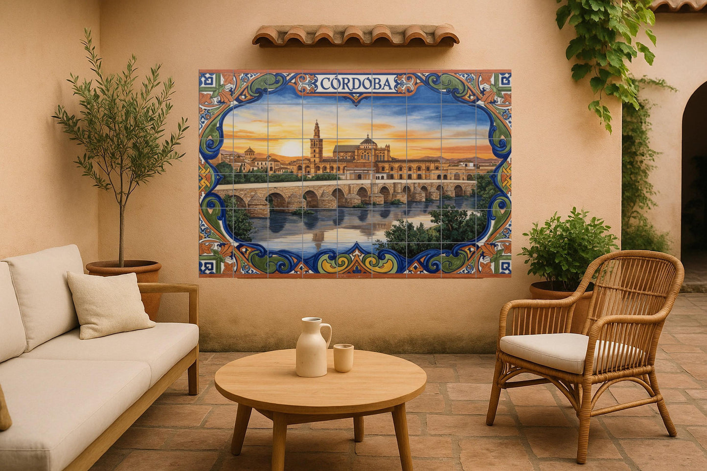 Cordoba – Spanish ceramic mural of the Mosque and the Roman Bridge / Tile art with Andalusian cityscape for rustic and Mediterranean interiors